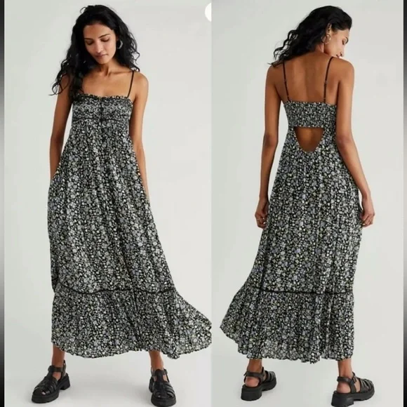 free people molly jo midi dress NEW FREE PEOPLE Sz L MOLLY JO FLORAL PRINTED MIDI DRESS MAXI TOP GOLDEN COMBO